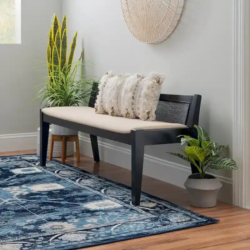 Solid Wood Bench with Woven Rattan Back & Cushioned Seat