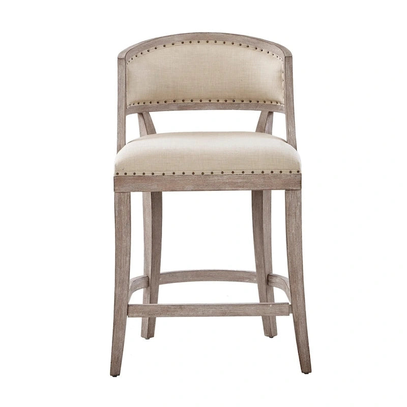 Natural Fabric Counter Stool with Reclaimed Wood Legs & Bronze Nail Trim