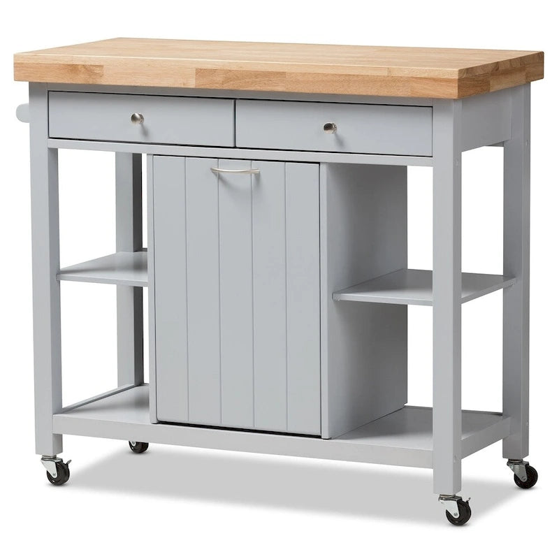 Farmhouse Kitchen Cart with Rubberwood Top, Drawers & Open Shelves – Grey