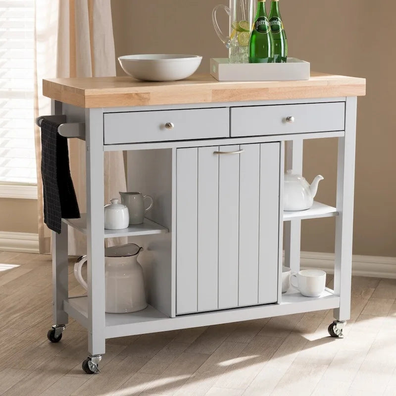 Farmhouse Kitchen Cart with Rubberwood Top, Drawers & Open Shelves – Grey