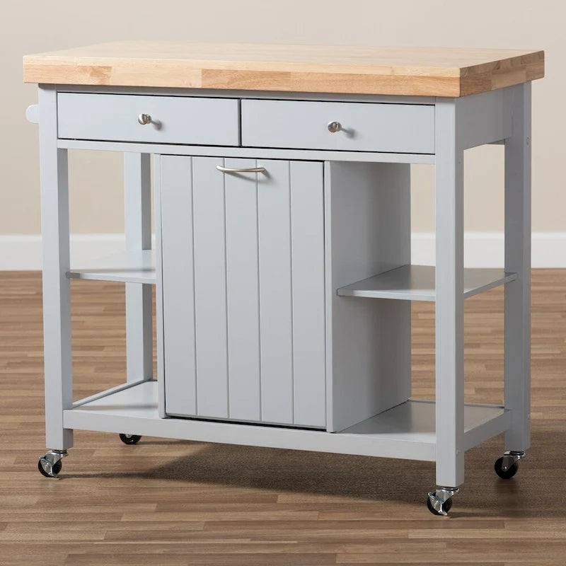 Farmhouse Kitchen Cart with Rubberwood Top, Drawers & Open Shelves – Grey