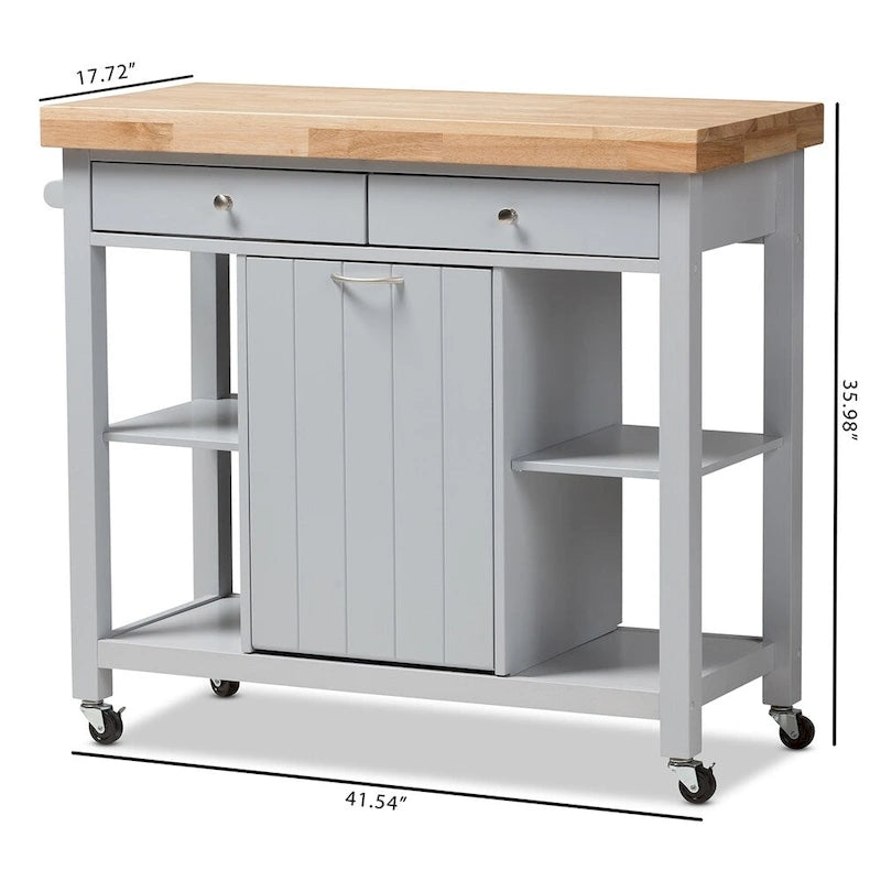 Farmhouse Kitchen Cart with Rubberwood Top, Drawers & Open Shelves – Grey