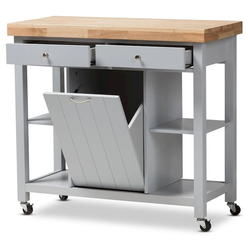 Farmhouse Kitchen Cart with Rubberwood Top, Drawers & Open Shelves – Grey