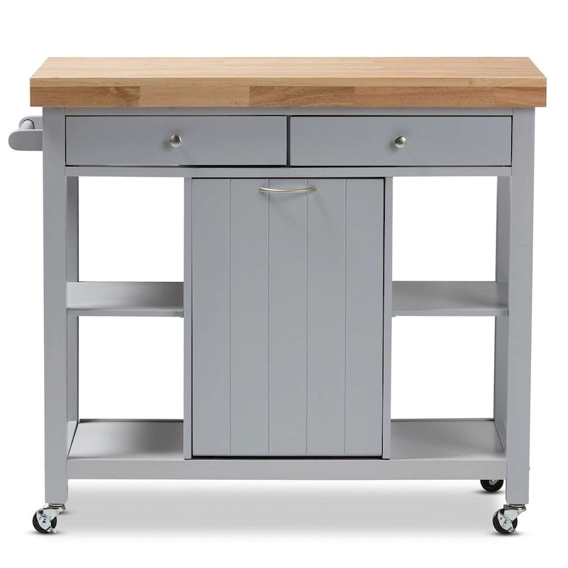 Farmhouse Kitchen Cart with Rubberwood Top, Drawers & Open Shelves – Grey