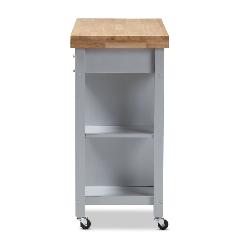 Farmhouse Kitchen Cart with Rubberwood Top, Drawers & Open Shelves – Grey