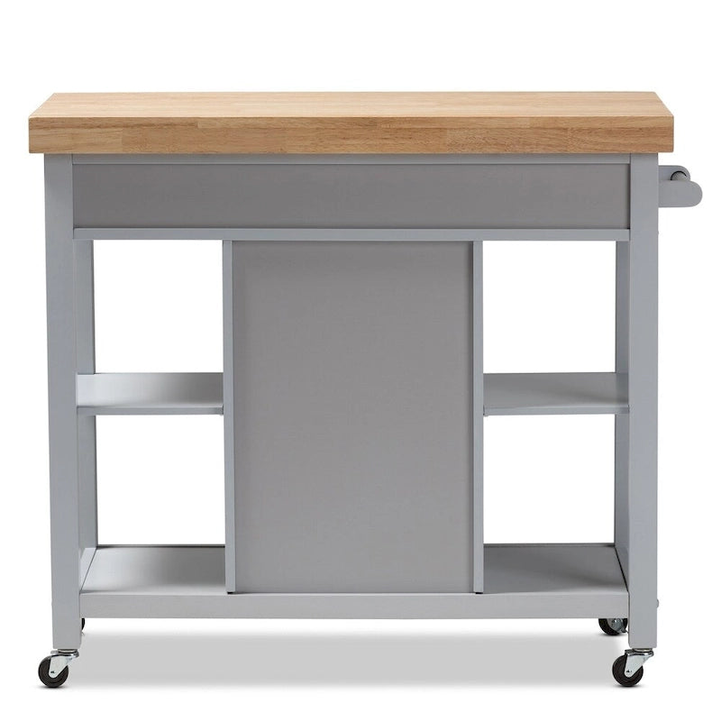 Farmhouse Kitchen Cart with Rubberwood Top, Drawers & Open Shelves – Grey