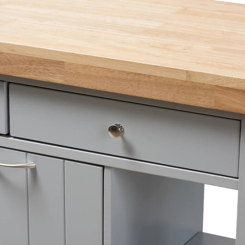Farmhouse Kitchen Cart with Rubberwood Top, Drawers & Open Shelves – Grey