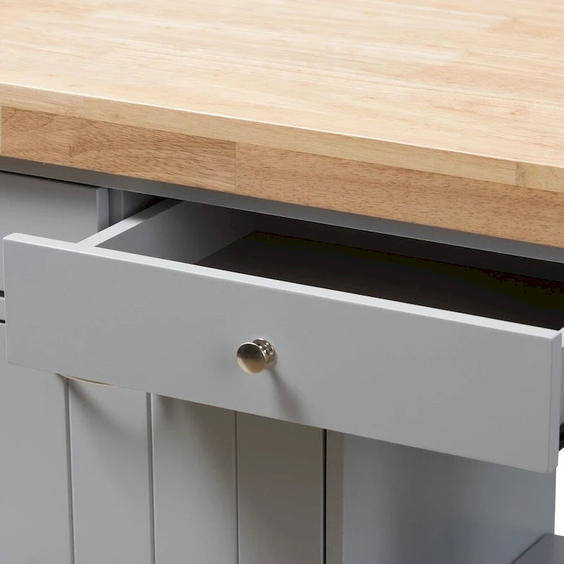 Farmhouse Kitchen Cart with Rubberwood Top, Drawers & Open Shelves – Grey