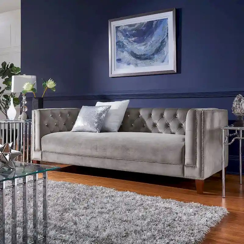 Grey Velvet Diamond Tufted Sofa with Crystal Accents & Silver Nailhead Trim