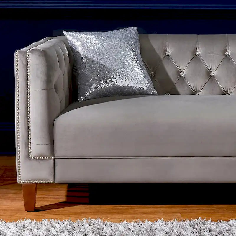Grey Velvet Diamond Tufted Sofa with Crystal Accents & Silver Nailhead Trim