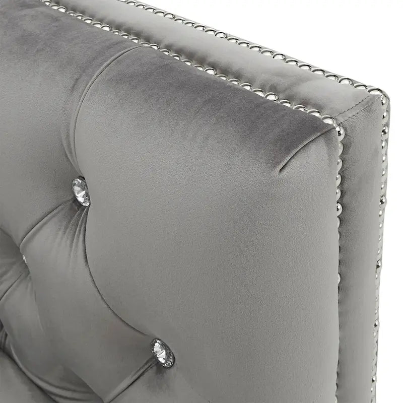 Grey Velvet Diamond Tufted Sofa with Crystal Accents & Silver Nailhead Trim