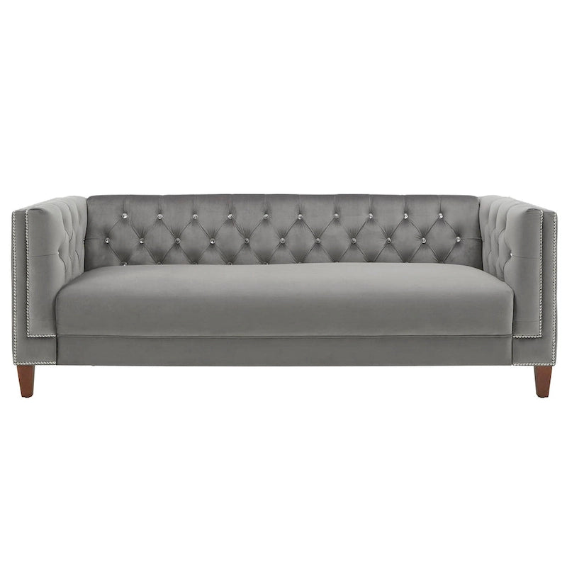 Grey Velvet Diamond Tufted Sofa with Crystal Accents & Silver Nailhead Trim