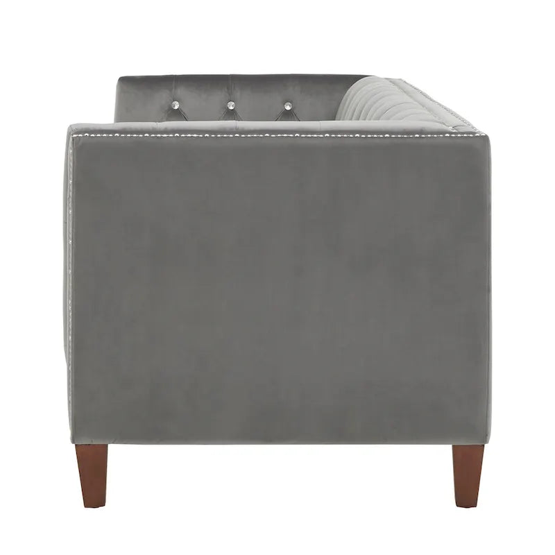 Grey Velvet Diamond Tufted Sofa with Crystal Accents & Silver Nailhead Trim