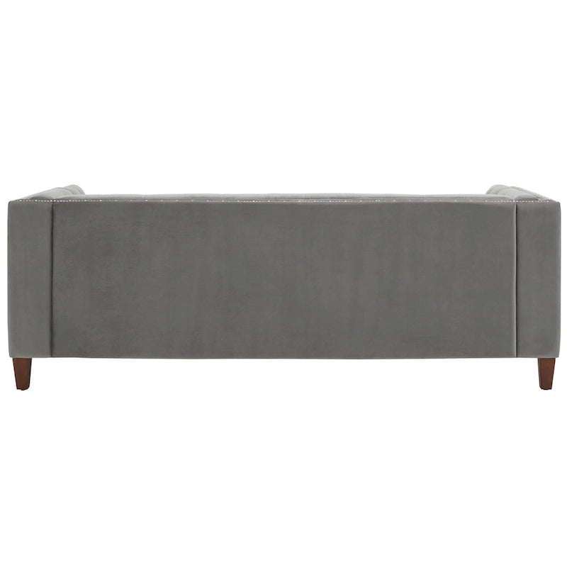Grey Velvet Diamond Tufted Sofa with Crystal Accents & Silver Nailhead Trim