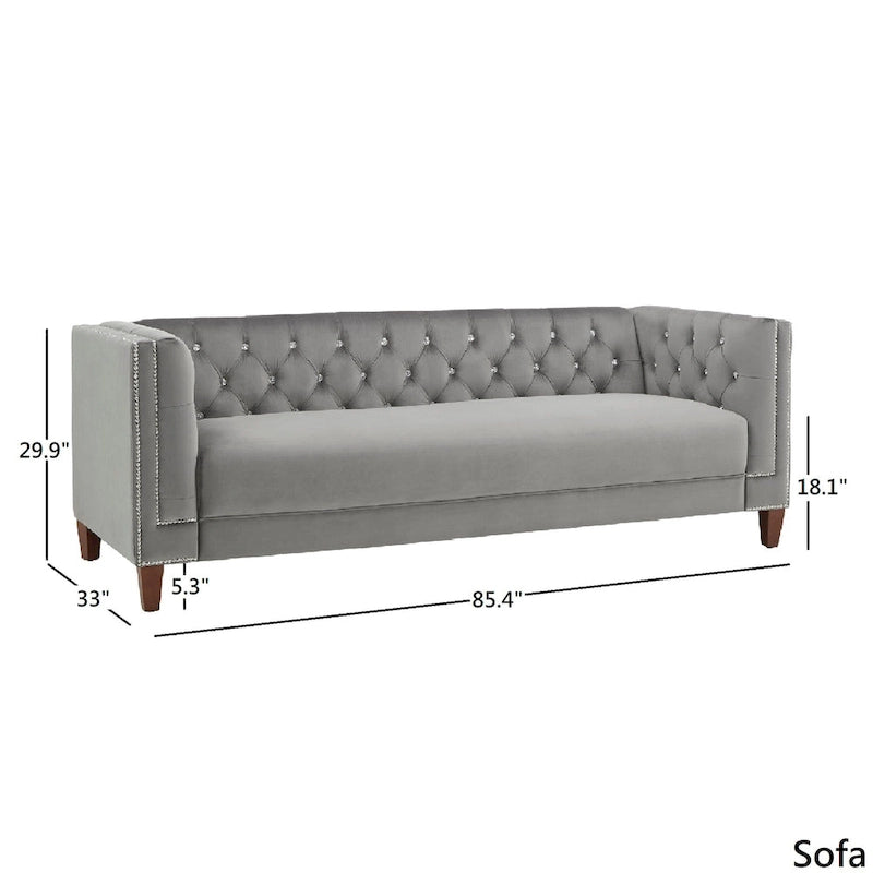 Grey Velvet Diamond Tufted Sofa with Crystal Accents & Silver Nailhead Trim