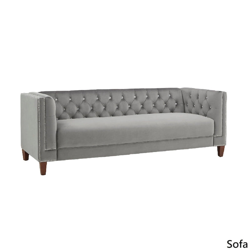 Grey Velvet Diamond Tufted Sofa with Crystal Accents & Silver Nailhead Trim