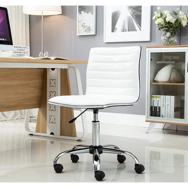 Mid-Back Armless Ribbed Leather Office Chair with Chrome Base & Lumbar Support