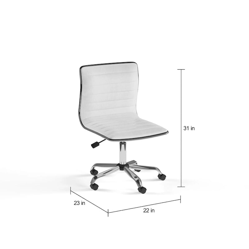 Mid-Back Armless Ribbed Leather Office Chair with Chrome Base & Lumbar Support