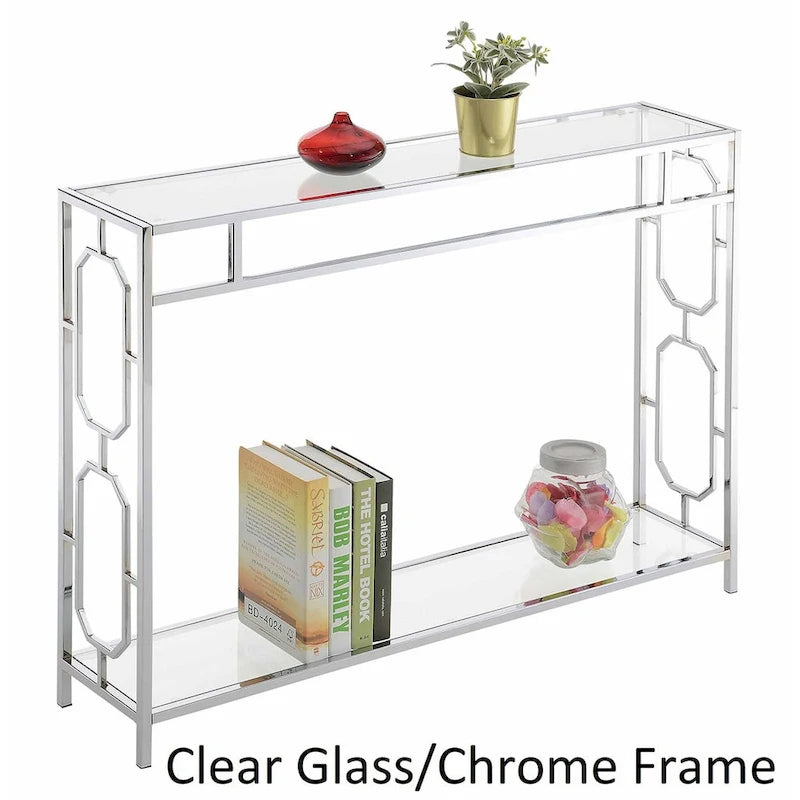 Chrome & Tempered Glass Console Table with Lower Shelf