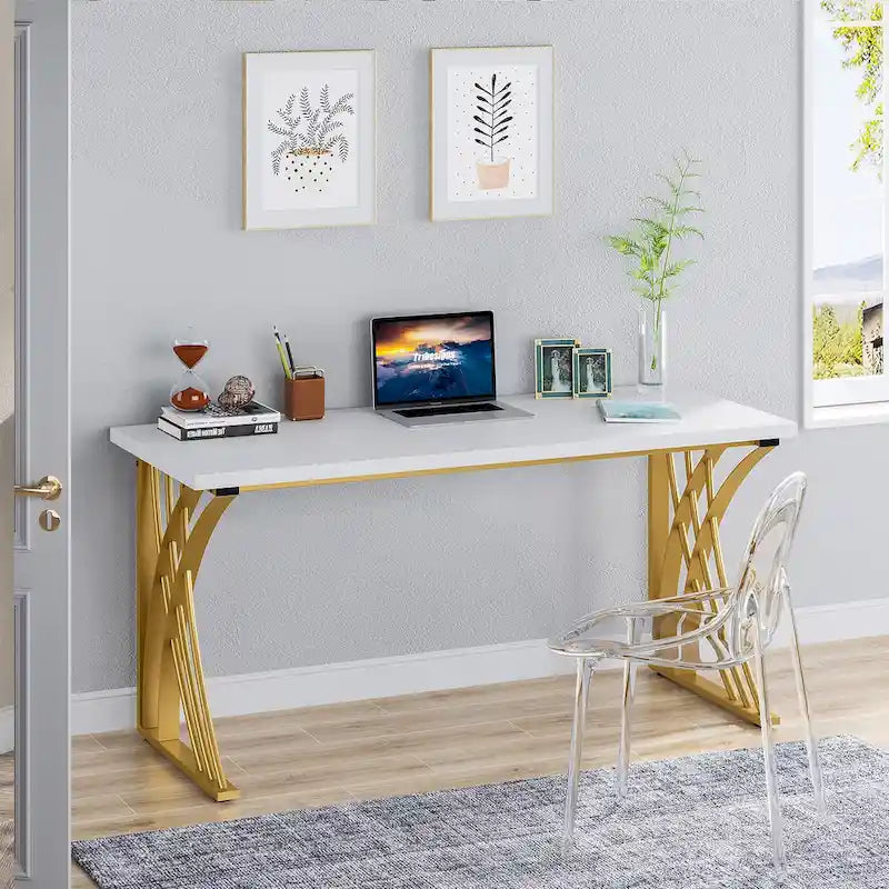 55" Modern White Desk with Gold Metal Frame