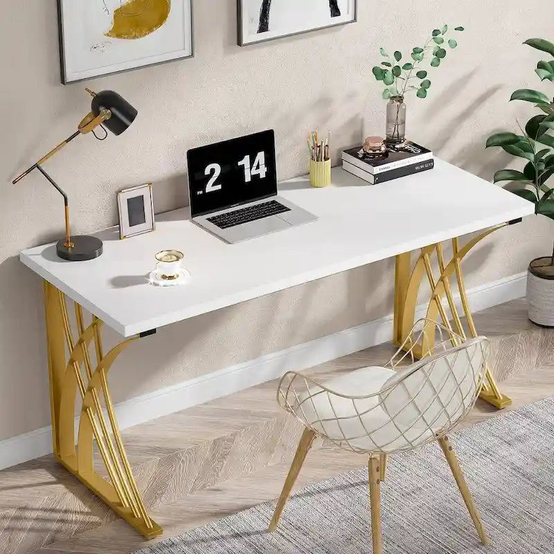 55" Modern White Desk with Gold Metal Frame
