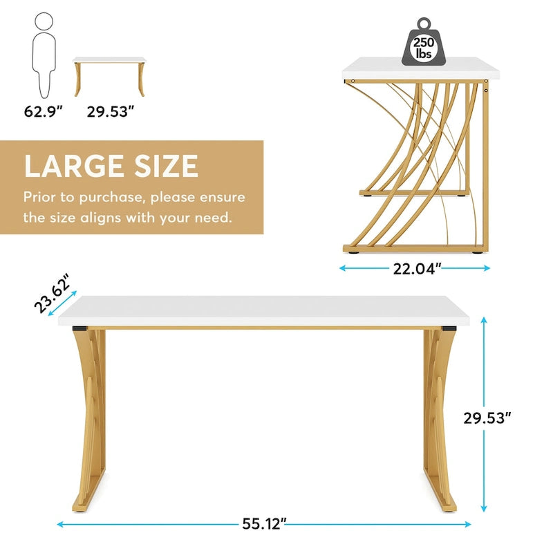 Moderner weißer Schreibtisch, 55", mit goldenem Metallgestell