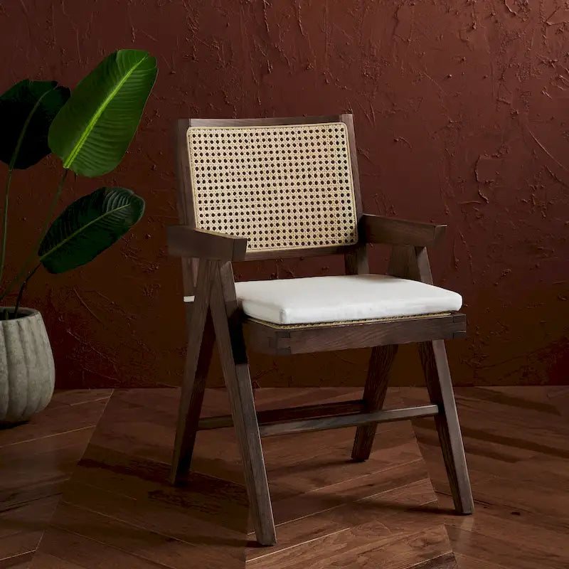 Rattan Back Solid Ash Wood Arm Chair with Cushion