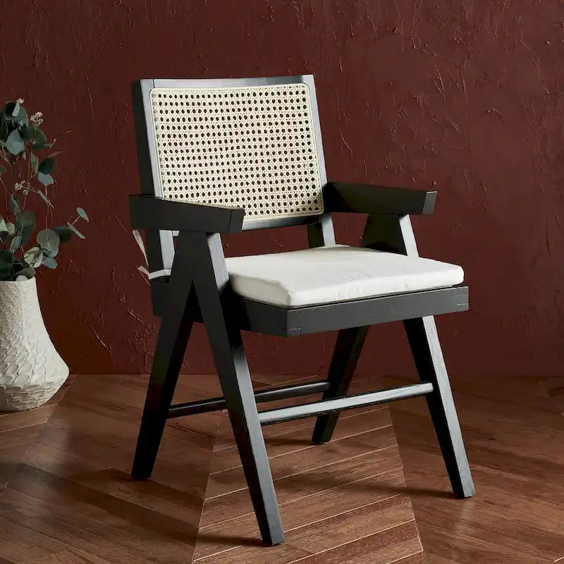 Rattan Back Solid Ash Wood Arm Chair with Cushion