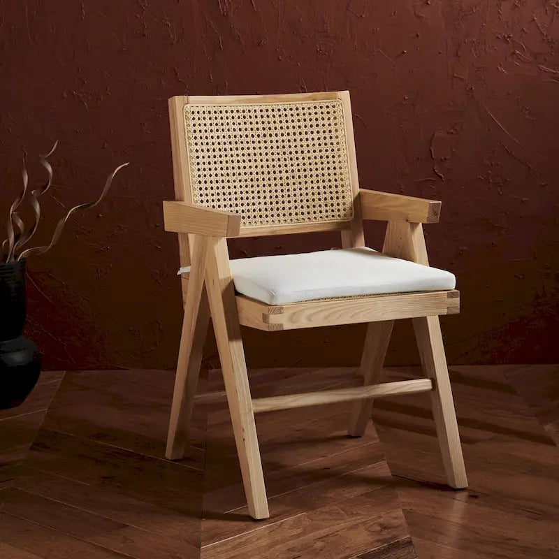 Rattan Back Solid Ash Wood Arm Chair with Cushion