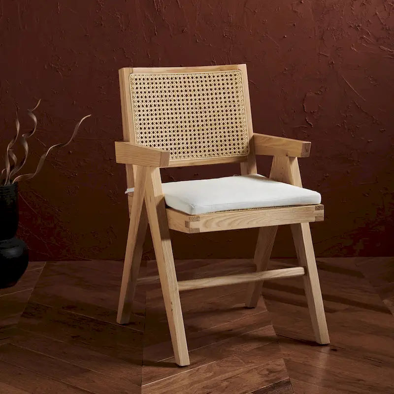 Rattan Back Solid Ash Wood Arm Chair with Cushion