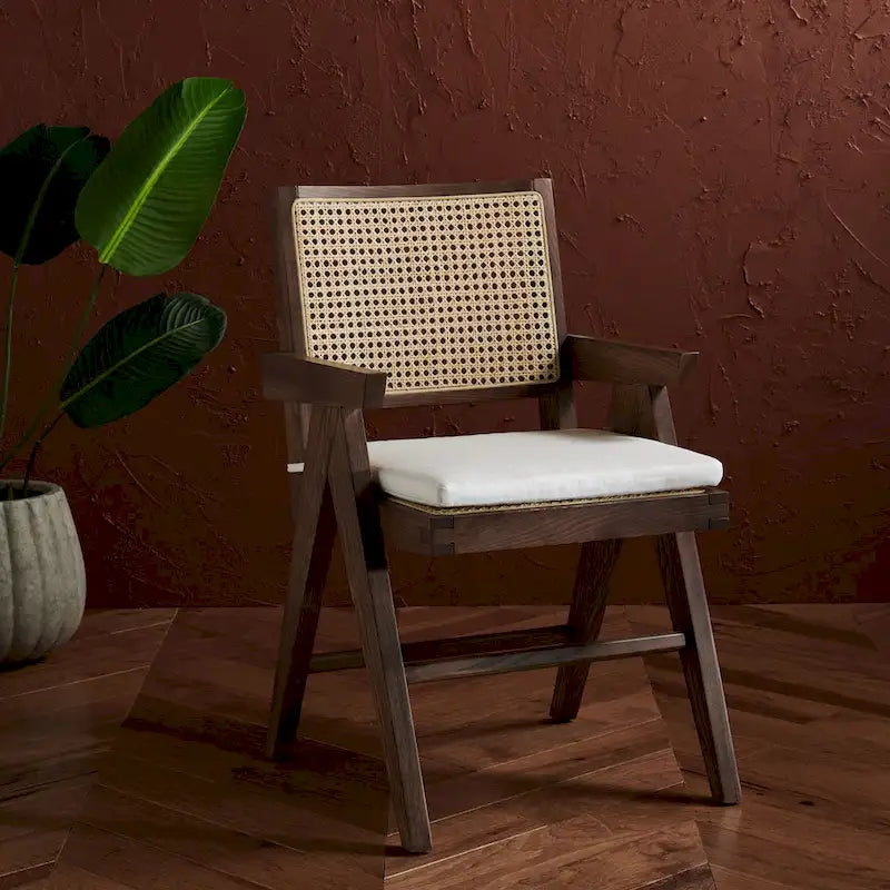Rattan Back Solid Ash Wood Arm Chair with Cushion
