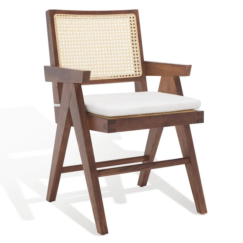 Rattan Back Solid Ash Wood Arm Chair with Cushion