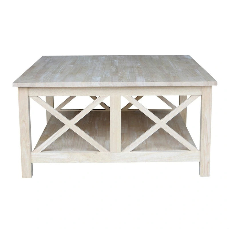 Square Solid Wood Coffee Table with X-Design Sides & Bottom Shelf – 36"