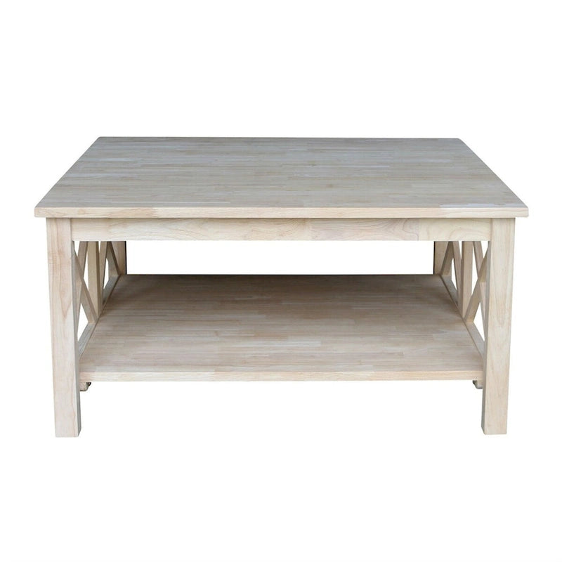 Square Solid Wood Coffee Table with X-Design Sides & Bottom Shelf – 36"