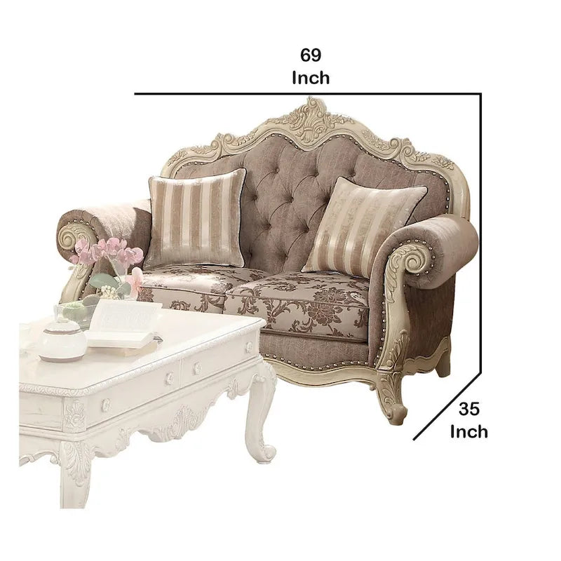 Banquette traditionnelle en tissu capitonné avec pieds cabriole et ornements en volutes couronnées