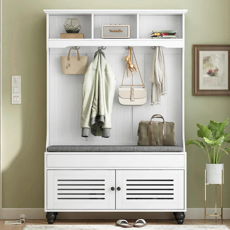 Entryway Hall Tree with Storage Bench, Shutter Doors & Coat Hooks