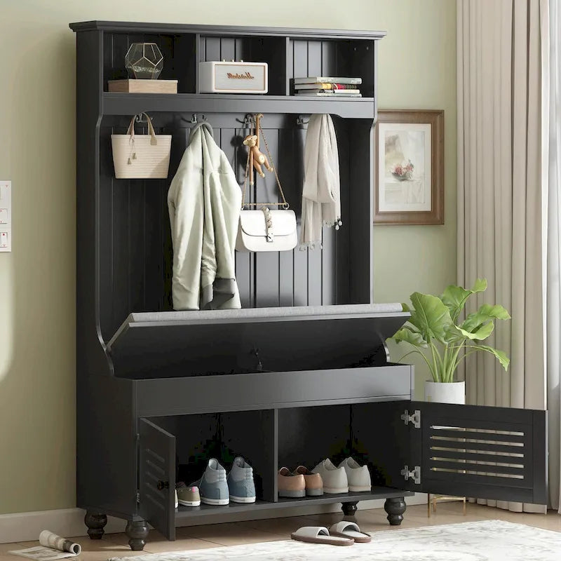 Entryway Hall Tree with Storage Bench, Shutter Doors & Coat Hooks