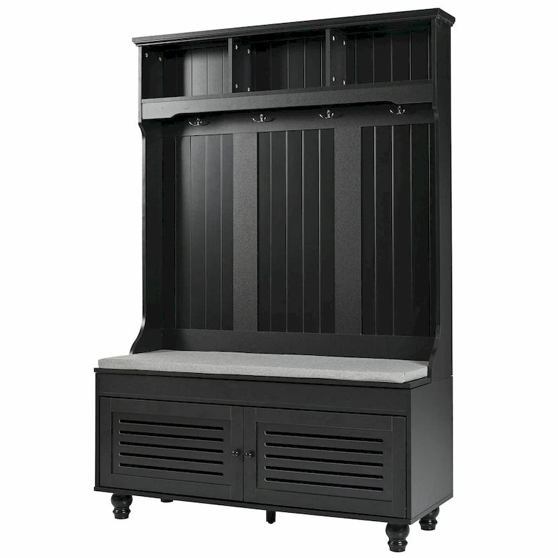 Entryway Hall Tree with Storage Bench, Shutter Doors & Coat Hooks