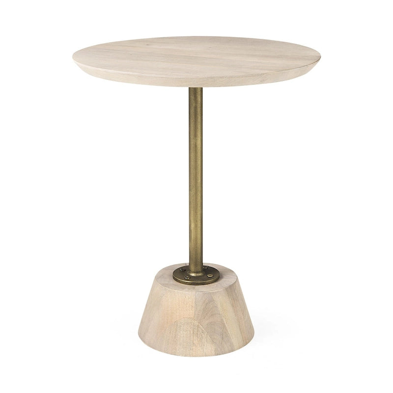 Solid Wood Pedestal Side Table with Metal Rod Detail