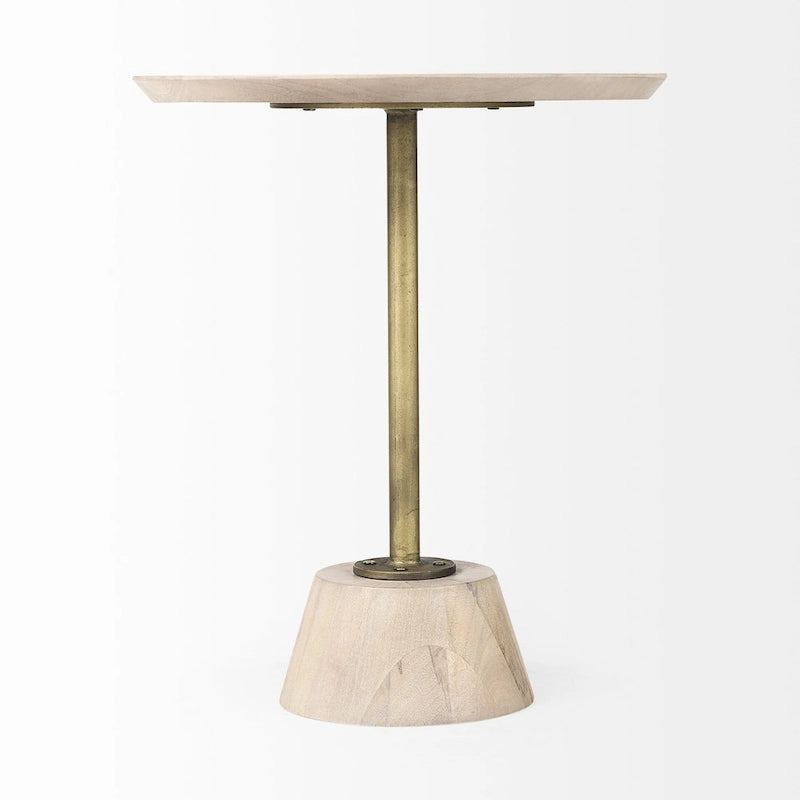 Solid Wood Pedestal Side Table with Metal Rod Detail