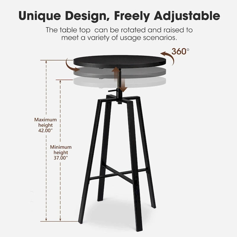 Industrial Round Pub Bar Table with Adjustable Height & Wood Top