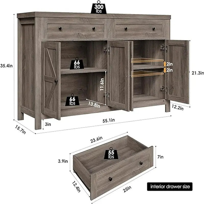 Rustic Barn Door Buffet Sideboard Cabinet with Drawers