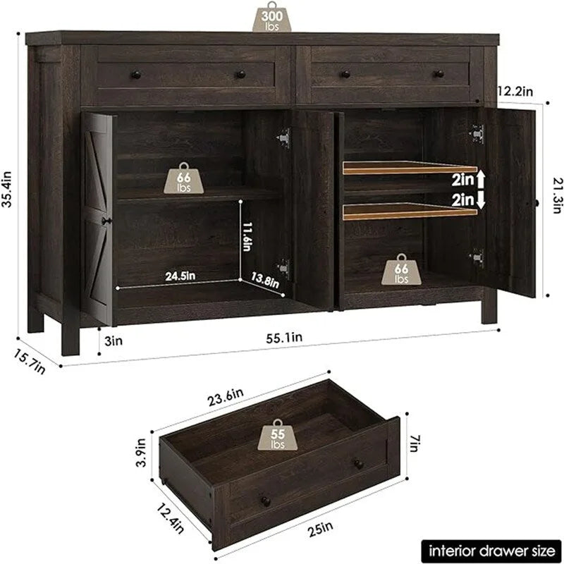 Rustic Barn Door Buffet Sideboard Cabinet with Drawers