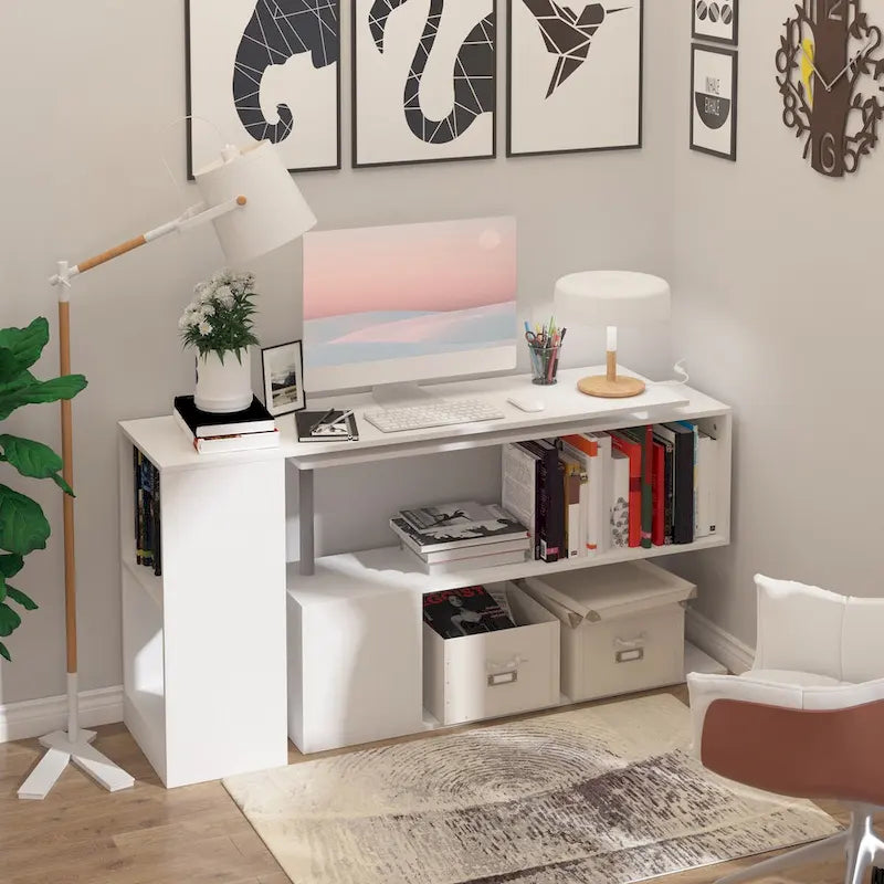 Modern L-Shaped Home Office Workstation with 3-Tier Storage Shelves
