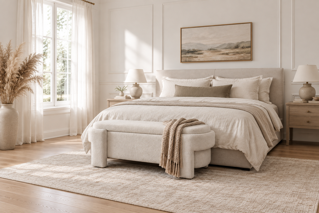 Linen Bench Wide Bedroom Scene